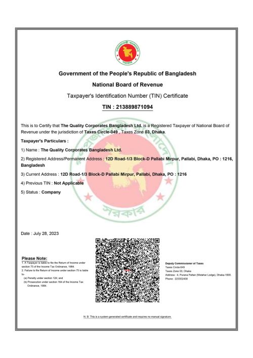 eTIN Certificate of The Quality Corporates Bangladesh Ltd.