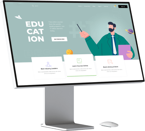 Desktop monitor with visual graphic showing an instructor or teacher and a webpage